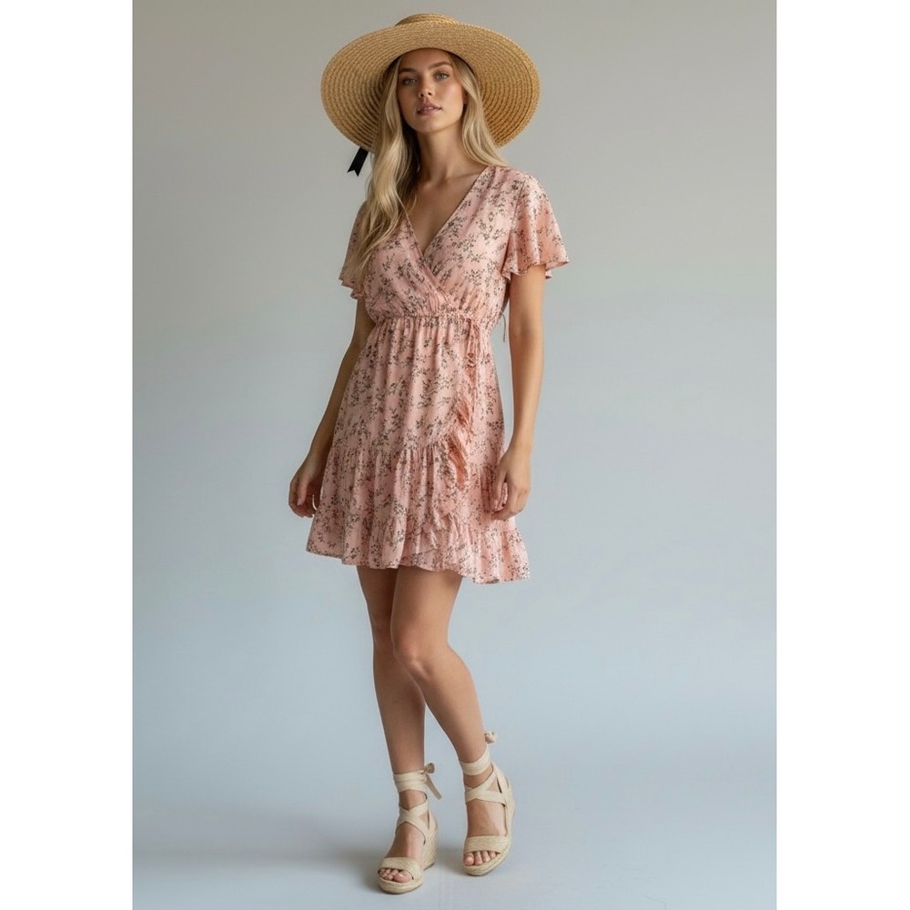 En Crème Peach Floral Ruffle Mini Dress Size Small Boho Cottagecore V-Neck Wrap